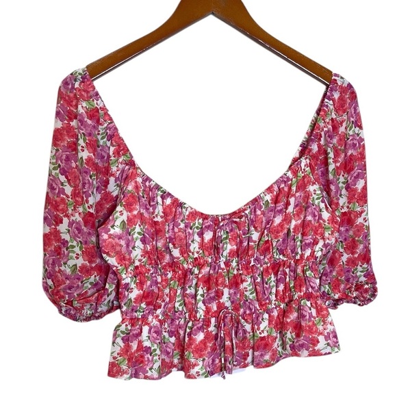 WAYF Avra Pink Red Floral Sweetheart Neckline Cottage Core Peplum Top sz L NWT - Picture 6 of 9